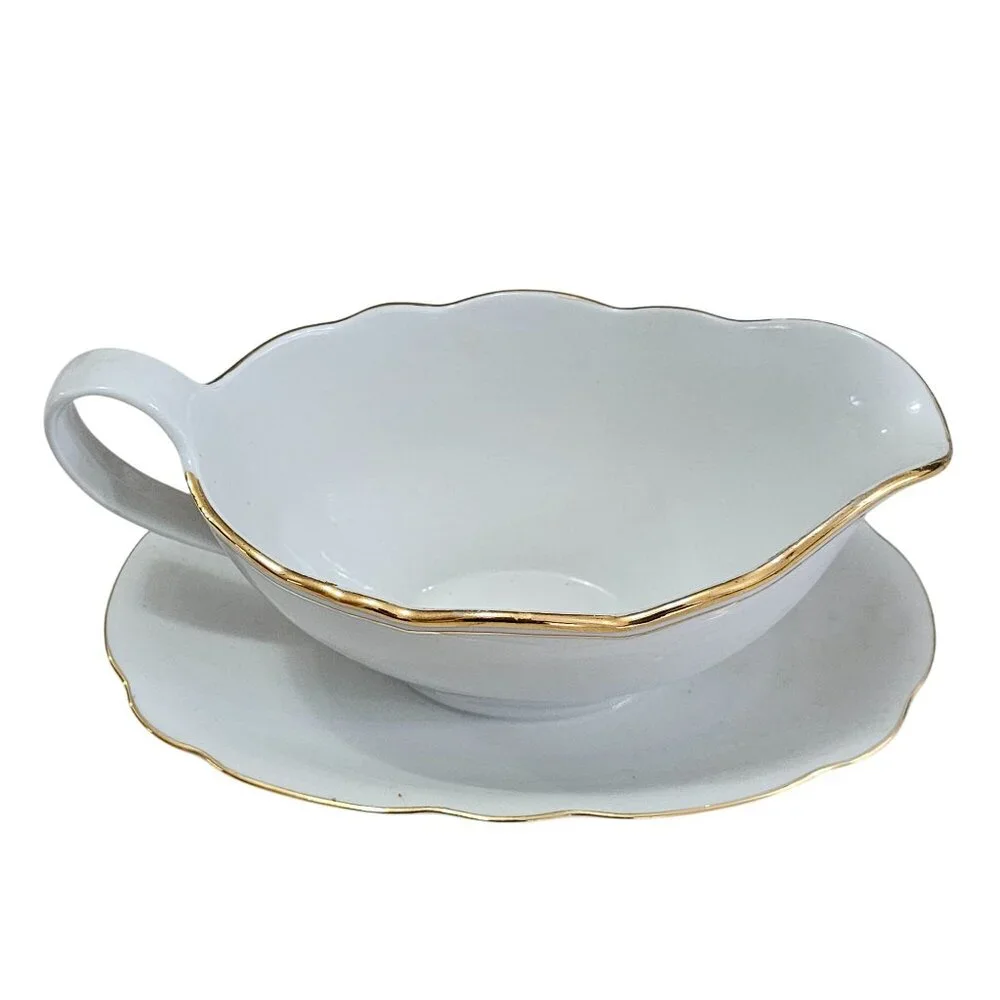 Bavaria Regency Gravy Boat Plate 16oz scallop edge gold trim Germany vtg Winterl - Picture 4 of 7
